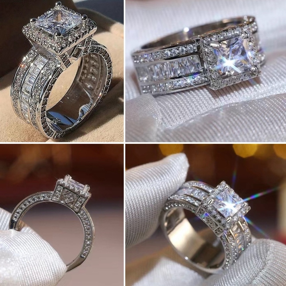 SIZE 5 --- 925 Silver Halo Ring with Princess cut Center Zircon